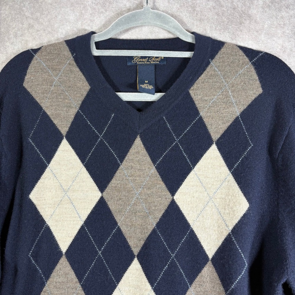 Garret Scott Sweater Men M‎ Navy Blue Argyle V-Neck Merino Wool Pullover Preppy